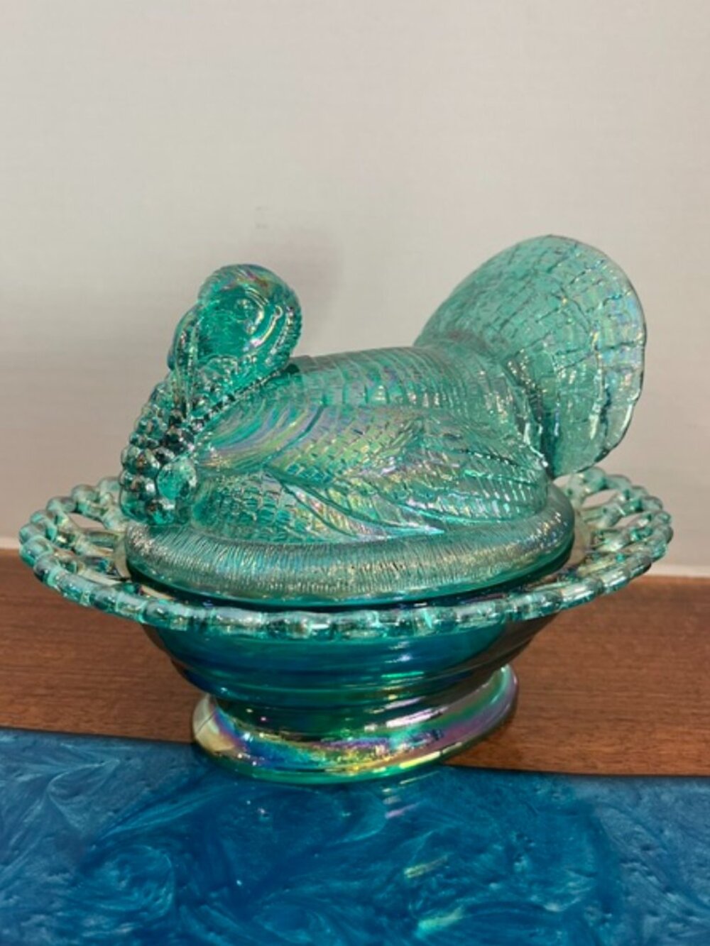 Mosser Teal Carnival Large Turkey On Nest Covered Dish MINT! Stunning Color!